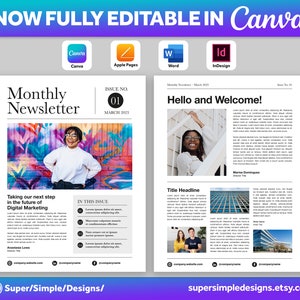 Canva Newsletter Single and Double Page Template | 8.5x11, 5.5x8.5, A4 and A5 Printable Sizes | Fully Editable Canva, Pages, Word, InDesign. US Letter, 8.5x11, 5.5x8.5, A5 and A5 Sizes. 17x11 Sheet, 8.5x11 Sheet. https://supersimpledesigns.etsy.com
