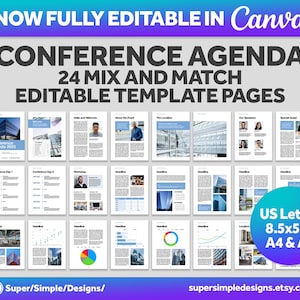 Conference Exhibition Agenda Template for Canva, Pages, Word and InDesign | 24 Fully Editable Mix and Match Templates | US, 8.5x5.5, A4 & A5