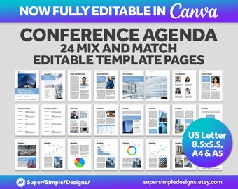 Canva、Pages、Word、InDesign 用の会議展示会アジェンダ テンプレート | 完全に編集可能な 24 種類のミックス アンド マッチ テンプレート | US、8.5x5.5、A4 および A5