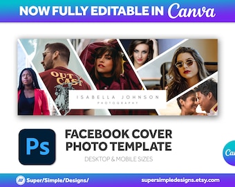 Canva Facebook カバー写真テンプレート (デスクトップとモバイル用)、写真ビジネス カバー画像バナー、完全に編集可能な Photoshop PSD