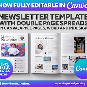 Canva Newsletter Single and Double Page Template | 8.5x11, 5.5x8.5, A4 and A5 Printable Sizes | Fully Editable Canva, Pages, Word, InDesign. US Letter, 8.5x11, 5.5x8.5, A5 and A5 Sizes. 17x11 Sheet, 8.5x11 Sheet. https://supersimpledesigns.etsy.com