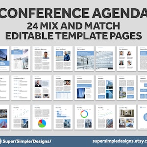 Conference Agenda Template for Pages, Word and InDesign | 24 Fully Editable Mix and Match Templates in US and A4 Sizes | Digital Download