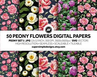 Peony Serenity: Set 1 von Peony Floral Bliss. Tauche ein in die bezaubernde Schönheit der Pfingstrosenblüten mit 50 digitalen Papieren in JPG & SVG