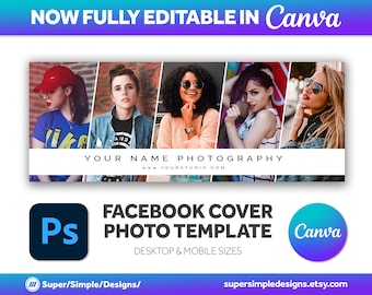 写真家向けデスクトップおよびモバイル向け Facebook カバー写真テンプレート、スタイリッシュな写真スタジオ画像バナー、完全に編集可能な Canva/Photoshop