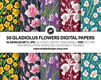 豪華なグラジオラス: グラジオラスの花のハーモニーのセット 2。JPG および SVG 形式の 50 枚のデジタル ペーパーでグラジオラスの花の魅惑的な美しさを表現します。