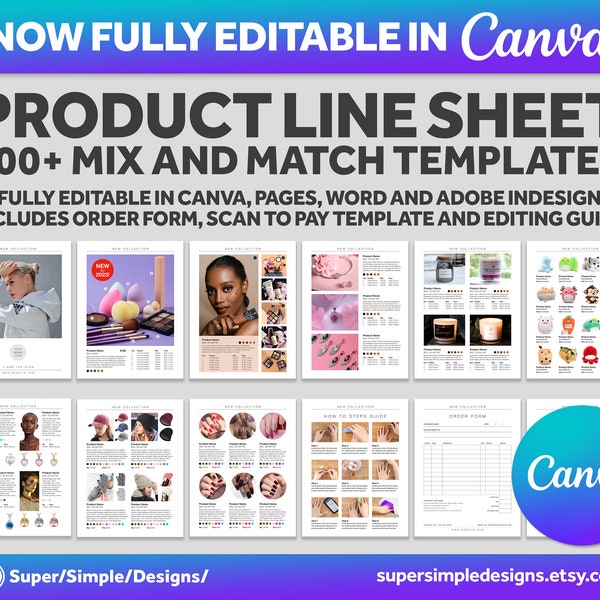 Canva Product Line Sheet Mix & Match Template, 100+ Product Catalog Templates |  For Canva, Pages, Word and InDesign |  US Letter, A4 and A5