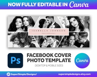 Facebook カバー写真 Canva および Photoshop テンプレート (写真家向け、デスクトップおよびモバイル サイズ)、スタイリッシュな写真ビジネス カバー画像、バナー
