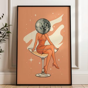 Disco Ball Head Print, Retro Wandkunst, Disco 70s Poster, Meisjesachtige Studentenkamerkunst Trendy, Bar Cart Poster, Funky Woondecoratie, Vintage Tekening