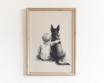 Póster de un pastor alemán y un niño, dibujo para la pared de la habitación infantil, lámina con boceto retro de mascotas.