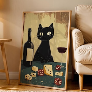 Retro Vintage Poster, Mid-Century Illustration, Trendy Wall Art, Cat Playing Dice Game, Digital Print, Bar Cart Decor, Drinking and Games