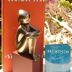 Op de afbeelding: Een bronzen sculptuur van een zittende figuur op een roodbruine kubus. De sculptuur staat voor een hoge oranje doos met het woord "SYMPHONY" in het wit. Er is ook een blauwe kaart met de tekst "SYMPHONY AN ODE TO SIMPLICITY".
