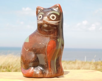 VINTAGE FOLK ART Cat Figurine.Tonala Style Cat Pottery.Traditional Hand Painted Cat Figure.Unmarked Flower Decorated Ceramic Cat.Sculpture Cat!