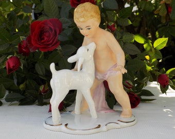 VINTAGE PORCELAIN CHERUB With Lamb Figurine.Putti With Lamb.Engel met Lam Beeld.Famous Porcelain Putti With Animal.Angel Lamb Figure.Cupid!