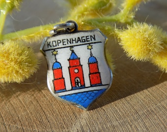 SILVER ENAMEL TRAVELLER Shield Kopenhagen.Kopenhagen Silver Pendant.Sterling Silver Copenhagen Charm.Zilveren Bedel Kopenhagen.Travel Shield
