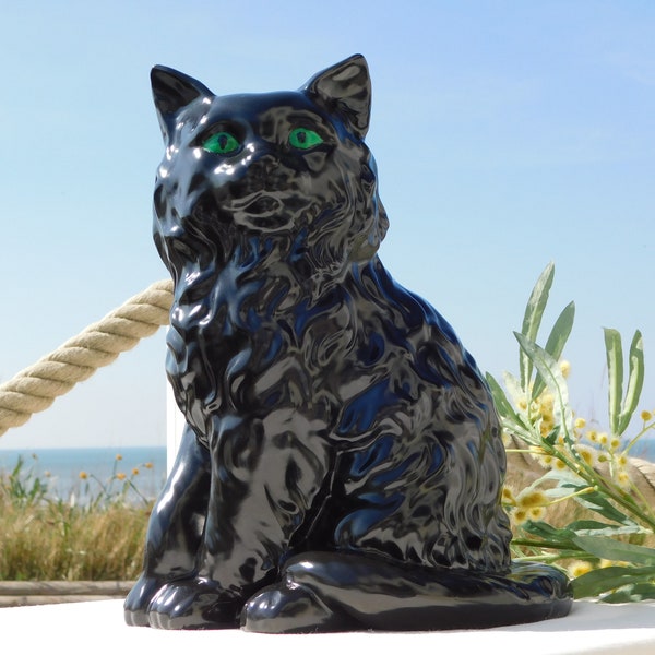 VINTAGE ZWARTE KAT Beeld.Green Eyed Black Cat Figurine.Chat Noir.Gatto Nero.Schwarze Katze.Samlarobjekt Katt.Czarny Kot.Ceramic Cat Gift!