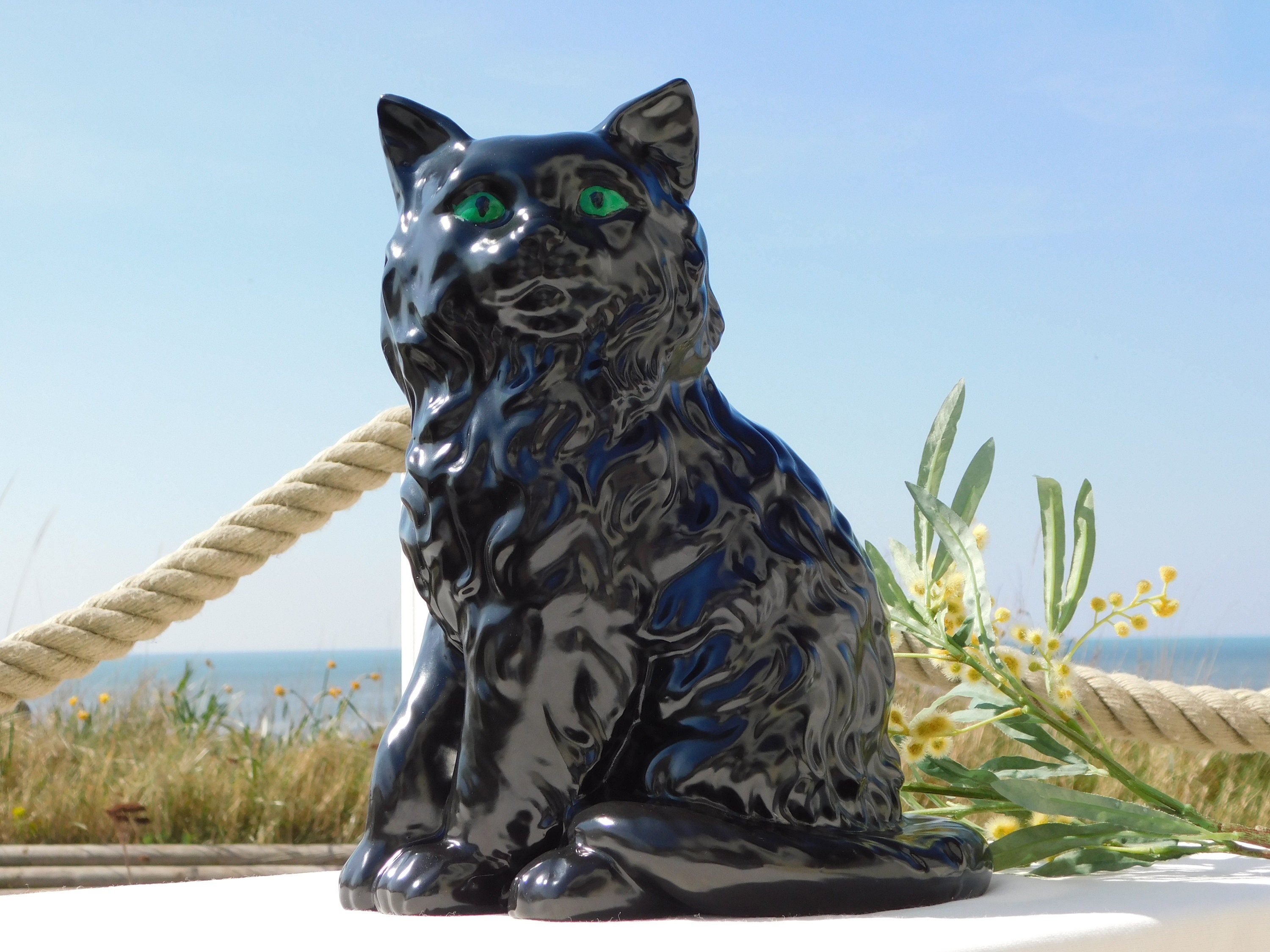 VINTAGE ZWARTE KAT Beeld.green Eyed Black Cat Figurine.chat