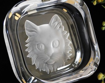 CRISTAL DE SEVRES Cat Ashtray.vintage Sevres Crystal Frosted