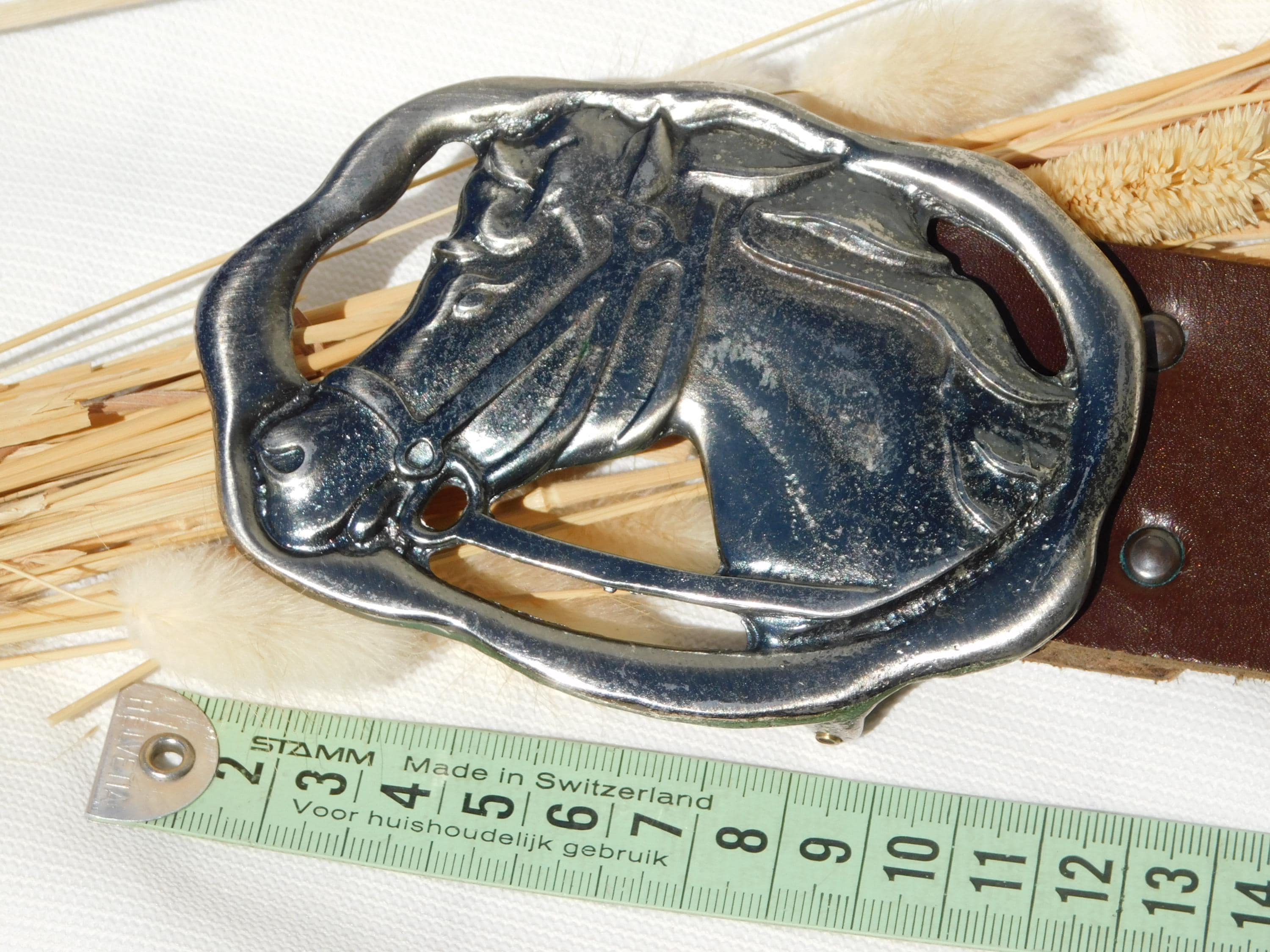 HORSE HEAD BELT Buckle.brown Leather Belt With Large Silver  display picture 2