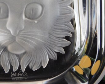 CRISTAL DE SEVRES Chat Cendrier.vintage Sèvres Cristal Givré Gravé