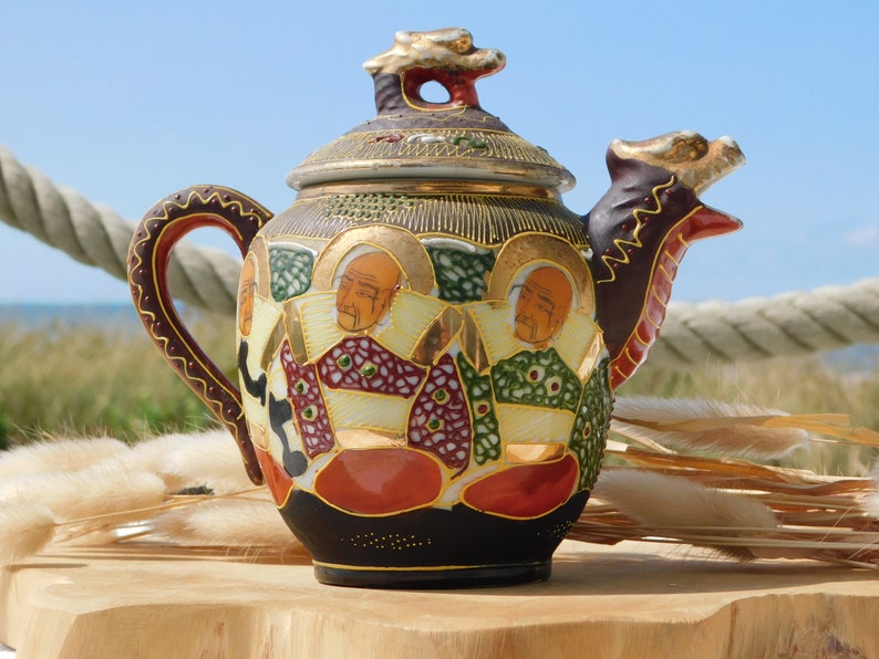 JAPAN SATSUMA MORIAGE Dragonware Teapot.Hand Painted Marked Moriage Teapot.Nippon Porcelain Teapot.Bodhisattva.Japanese Teapot.Asian Teapot image 1