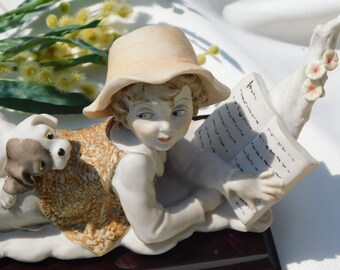 CAPODIMONTE ARMANI BOY Reading Book With Dog Sculpture.florence