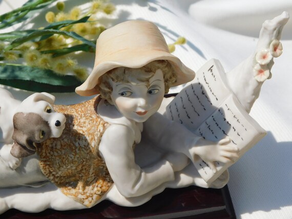 CAPODIMONTE ARMANI BOY Reading Book With Dog Sculpture