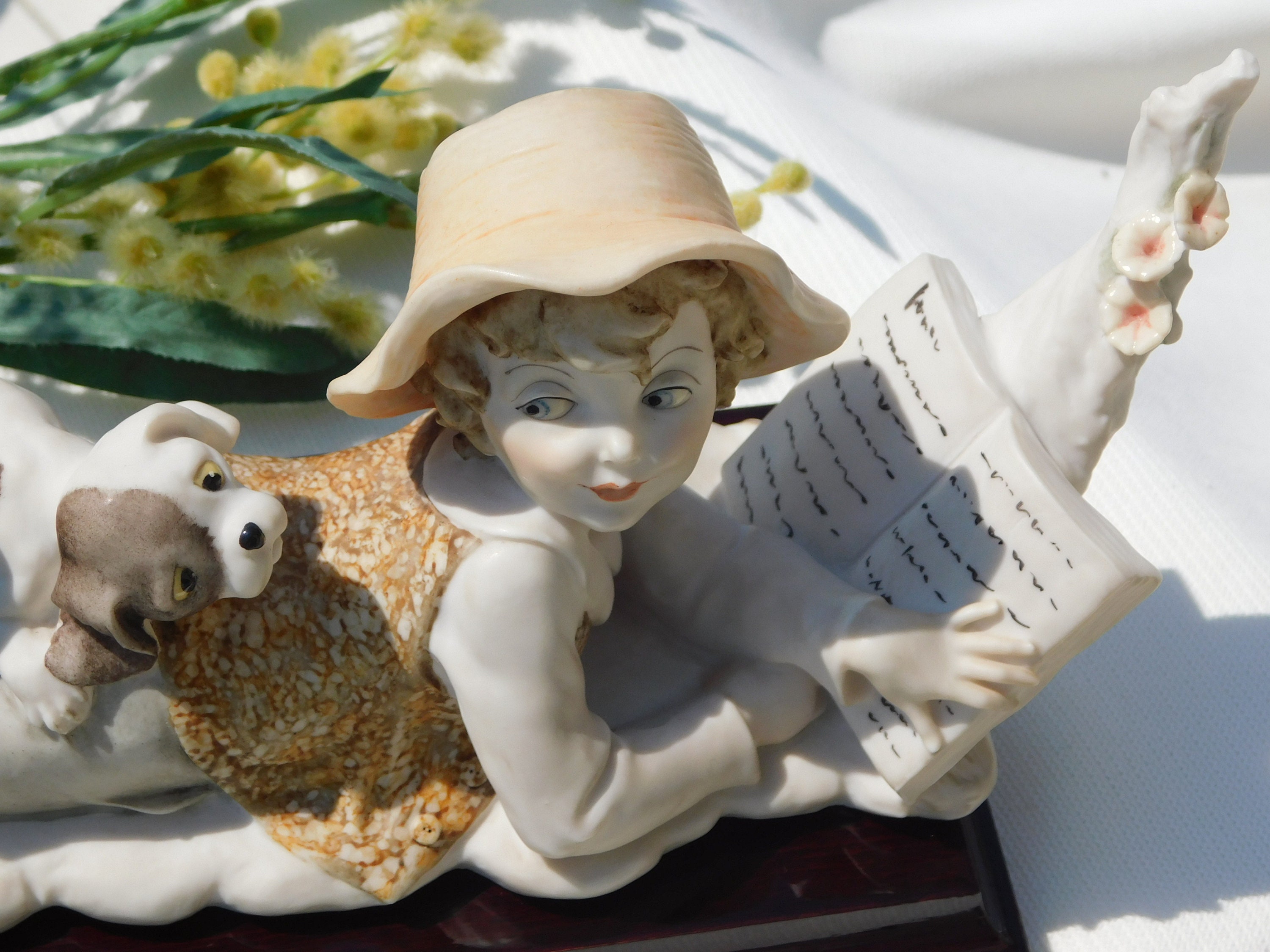 CAPODIMONTE ARMANI BOY Reading Book With Dog Sculpture.florence