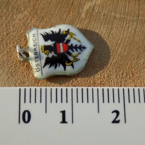 K&ouml;nnte beinhalten: Ein kleiner, schildf&ouml;rmiger Anh&auml;nger mit dem &ouml;sterreichischen Wappen. Der Anh&auml;nger zeigt einen schwarzen Adler mit einem rot-wei&szlig;em Schild auf wei&szlig;em Grund, mit dem Wort "&Ouml;STERREICH" in Schwarz. Der Anh&auml;nger ist etwa 2,5 cm lang.