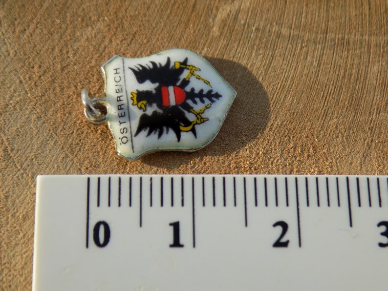 K&ouml;nnte beinhalten: Ein kleiner, schildf&ouml;rmiger Anh&auml;nger mit dem &ouml;sterreichischen Wappen. Der Anh&auml;nger zeigt einen schwarzen Adler mit einem rot-wei&szlig;em Schild auf wei&szlig;em Grund, mit dem Wort "&Ouml;STERREICH" in Schwarz. Der Anh&auml;nger ist etwa 2,5 cm lang.
