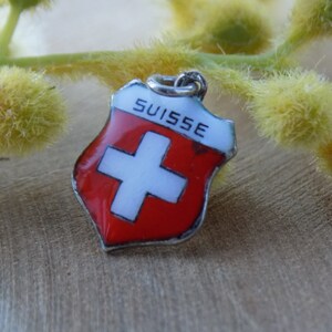 SILVER ENAMEL TRAVELER Charm Shield Suisse.835 Sterling Silver Coat Of Arms Pendant.Switzerland Traveler Shield Charm.Switzerland Charm!