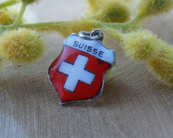 SILVER ENAMEL TRAVELLER Charm Shield Suisse.835 Sterling Silver Coat Of Arms Pendant.Switzerland Traveller Shield Charm.Zwitserland Bedel!