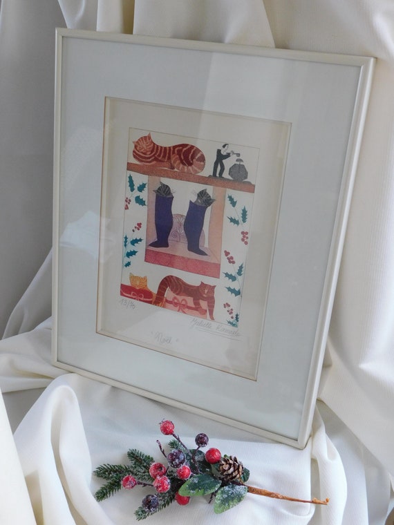 JULIETTE RAMADE CAT Noel Color Etching.artist Signed and Numbered
