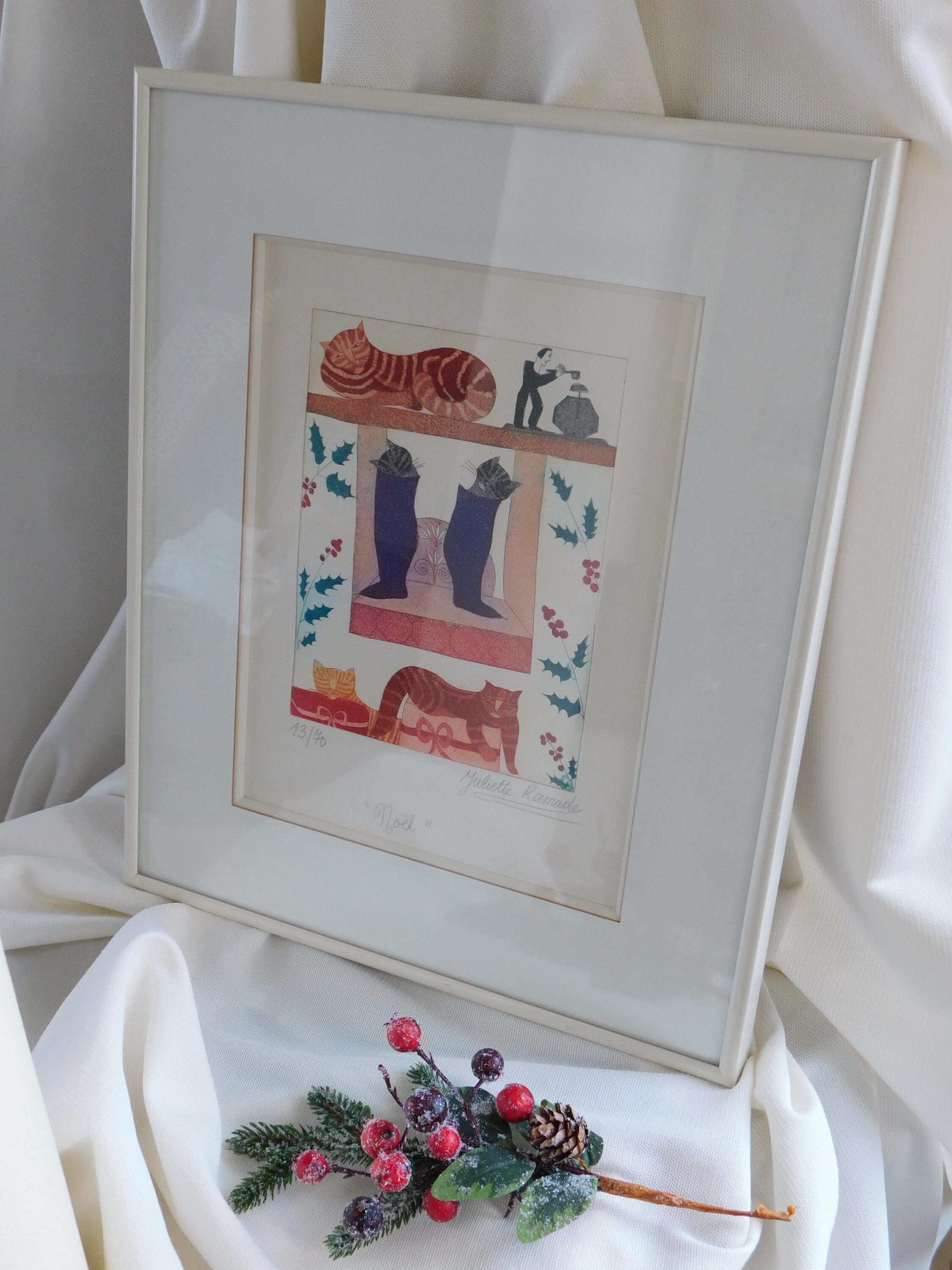 juliette Ramade 絵画 額装品 猫 JULIETTE RAMADE CAT Noel Color Etching.artist Signed and Numbered