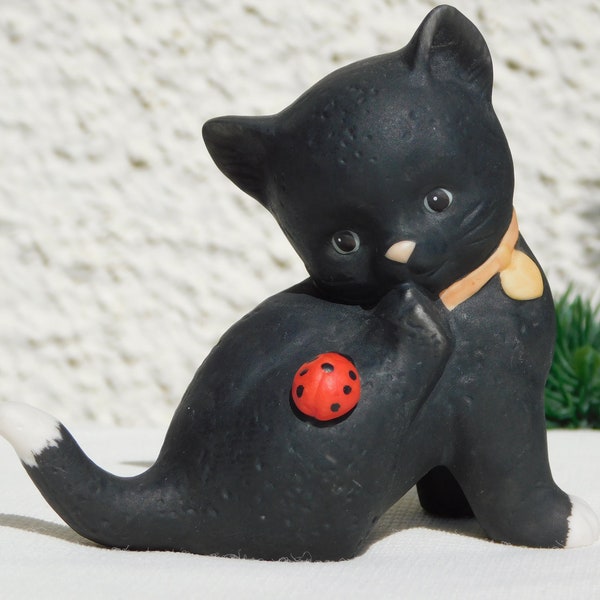 GATO NEGRO GOEBEL Con Figura Ladybird.Amigos De Nina Marco Figurine.Goebel Alemania Occidental Porcelana Cat.Beeld Kat.Lucky Black Cat.Chat Noir