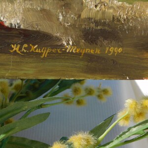 May include: A close-up of a painting with a gold signature that reads "H.K. Kuiper-Meijnen 1990".