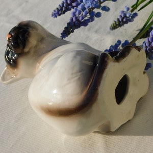 May include: A ceramic figurine of a Siamese cat in a sitting position. The cat is white with brown markings and has blue eyes. The figurine is glazed and has a glossy finish.