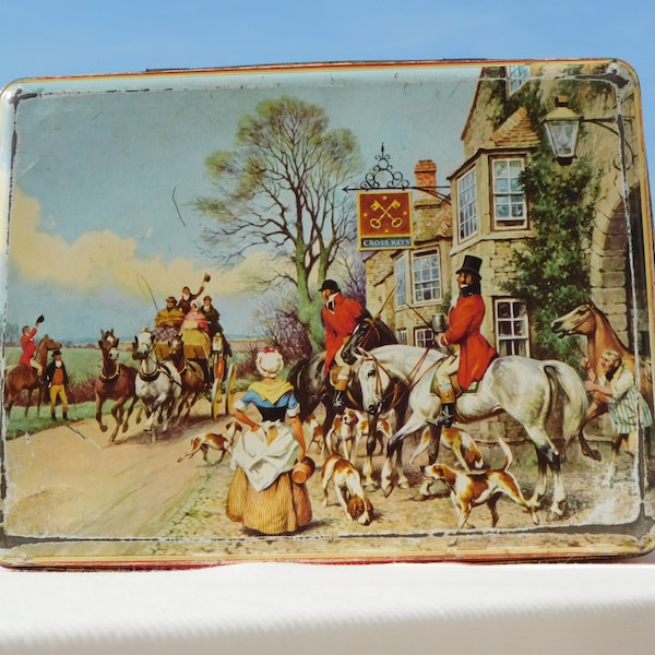 CONTENEUR DE 12 Mo Fabriqué EN GT.Britain.Vintage Biscuit Tin.Vintage Cookie Jar.Rectangular Cookie Tin.Hunting Dogs.Horse-Drawn Carriage.Keksdose!