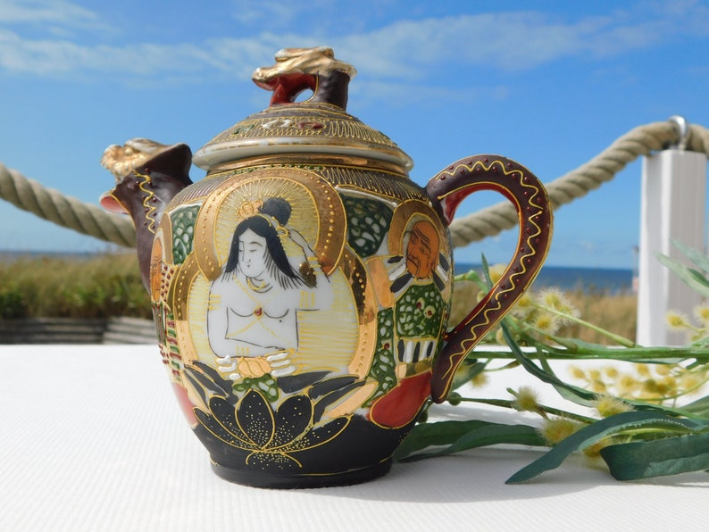 JAPAN SATSUMA MORIAGE Dragonware Teapot.Hand Painted Marked Moriage Teapot.Nippon Porcelain Teapot.Bodhisattva.Japanese Teapot.Asian Teapot image 6