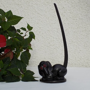BLACK DACHSHUND WITH Wooden Tail.Vintage 50&#39;s Collectible Black Dackel Figurine 383.Schwarzer Dackel Mit Holzschwanz.Dckel Wooden Tail!