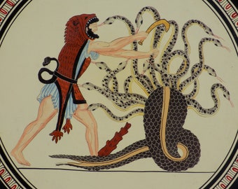 HERAKLES KILLING LERNAIA Hydra.Ancient Greek Art Pottery Wall Plate.Hand Made&Painted in Greece by D.Vassilopoulos.Vintage Terracotta.Nice!