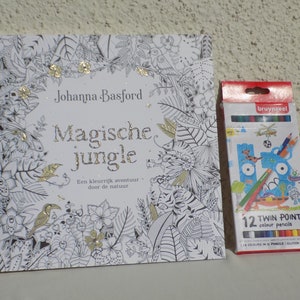 K&ouml;nnte beinhalten: Ein Malbuch mit dem Titel "Magische Jungle" von Johanna Basford mit einer Schwarzwei&szlig;illustration einer Dschungelszene. Das Buch liegt neben einer Schachtel mit 12 doppelseitigen Buntstiften von Bruynzeel.
