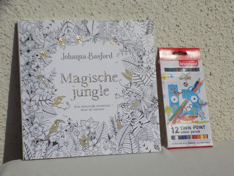 K&ouml;nnte beinhalten: Ein Malbuch mit dem Titel "Magische Jungle" von Johanna Basford mit einer Schwarzwei&szlig;illustration einer Dschungelszene. Das Buch liegt neben einer Schachtel mit 12 doppelseitigen Buntstiften von Bruynzeel.
