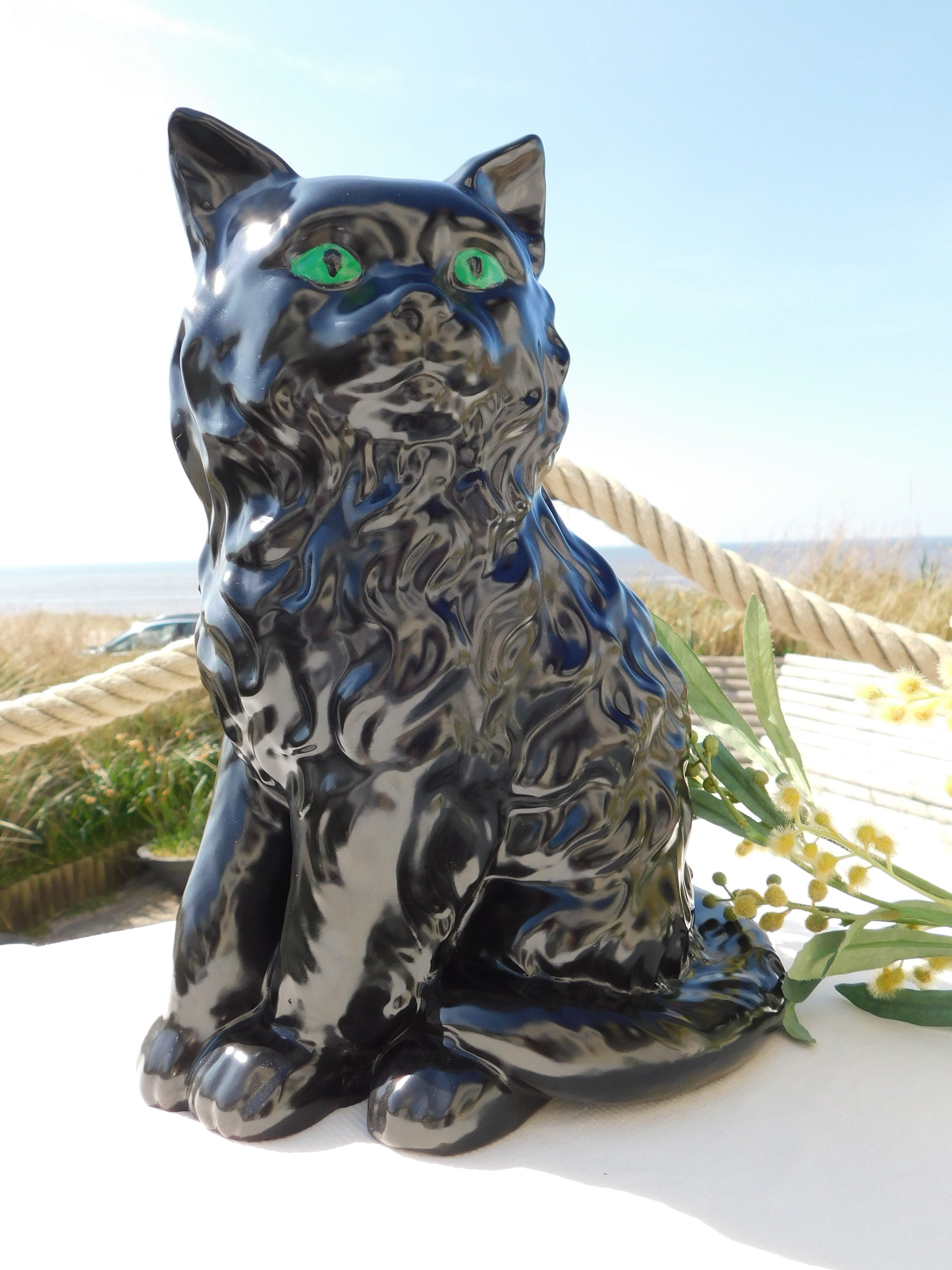 VINTAGE ZWARTE KAT Beeld.green Eyed Black Cat Figurine.chat