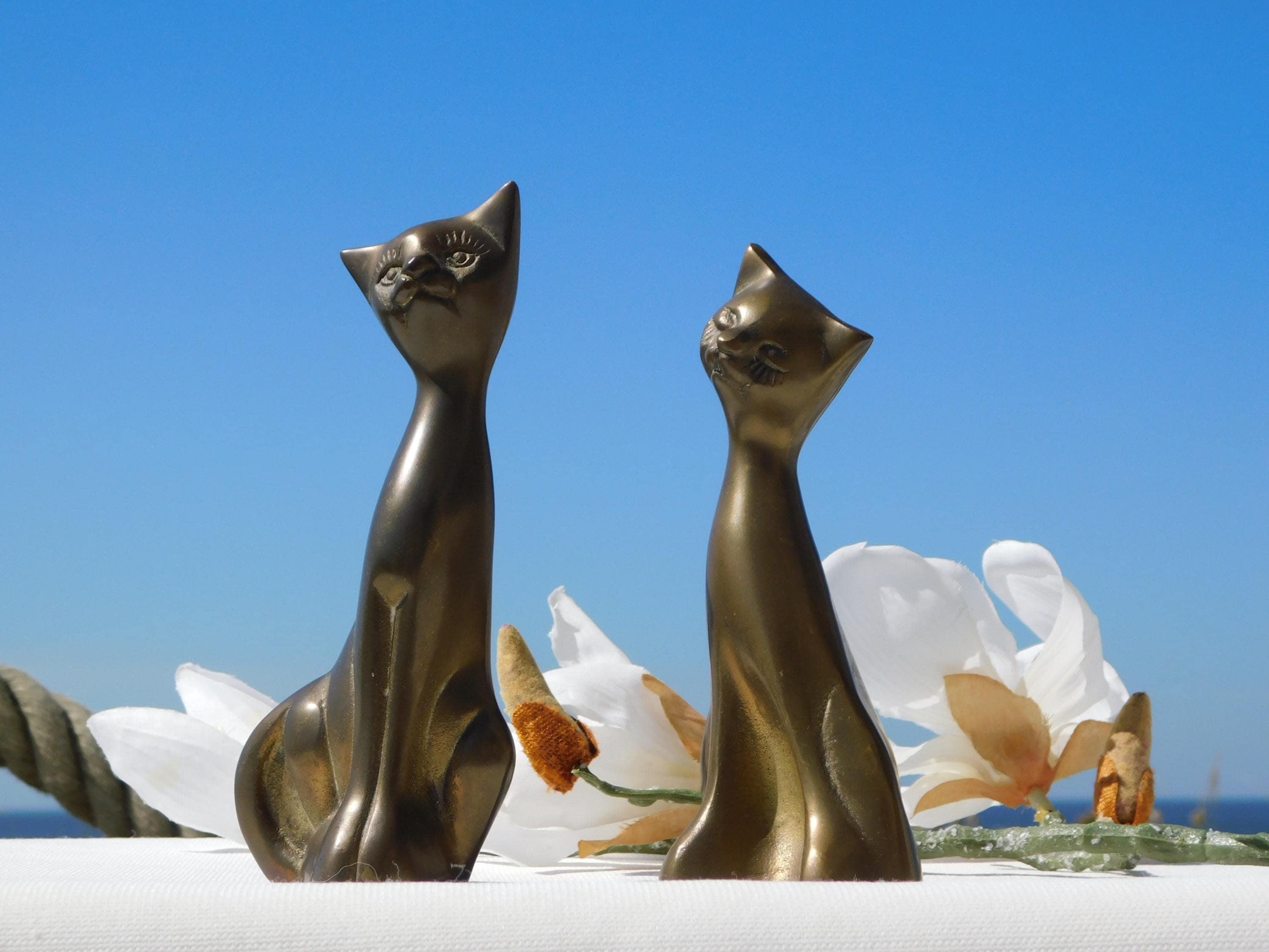 COPPER BRASS CAT Couple.two Matching Solid Brass Cat Figurines