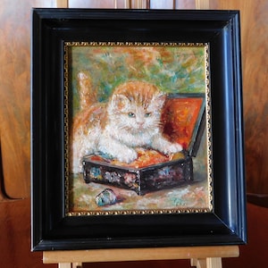 KITTEN OIL ON Wooden Panel.P.Winkel Signed Kitten In Jewelry Box .Kitten Oil Panel In Frame.Wood Oil On Panel Cat Painting!