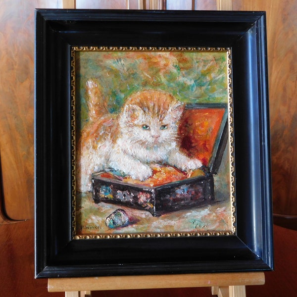 KITTEN OLIEVERF OP Houten Paneel.P.Winkel Gesigneerde Kitten In Sieradenkist .Kitten Olieverfpaneel In Lijst.Wood Oil On Panel Cat Painting!