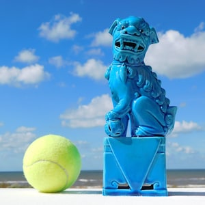 May include: A bright blue ceramic Foo dog statue featuring intricate sculpted details, positioned on a square base, accompanied by a single yellow-green tennis ball. The statue displays a fierce expression with an open mouth and bared teeth.