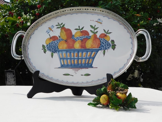 PORCELAIN PEWTER SERVING Tray.Makkum Y Gelria Tin.Vintage Hand Painted Porcelain Pewter Serving Tray.Serveerblad Makkum.Dienblad Gelria Tin!