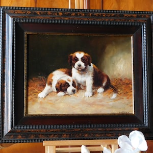 A.KRAMER.DOS Cachorros Pintura al óleo en marco.Pintura al óleo original y firmada sobre lienzo en marco.Pintura al óleo original de perro sobre lienzo.OOAK