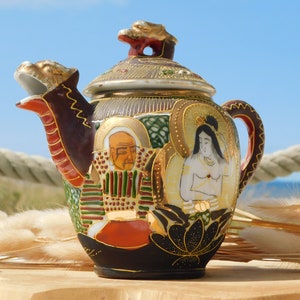 JAPAN SATSUMA MORIAGE Dragonware Teapot.Hand Painted Marked Moriage Teapot.Nippon Porcelain Teapot.Bodhisattva.Japanese Teapot.Asian Teapot image 3